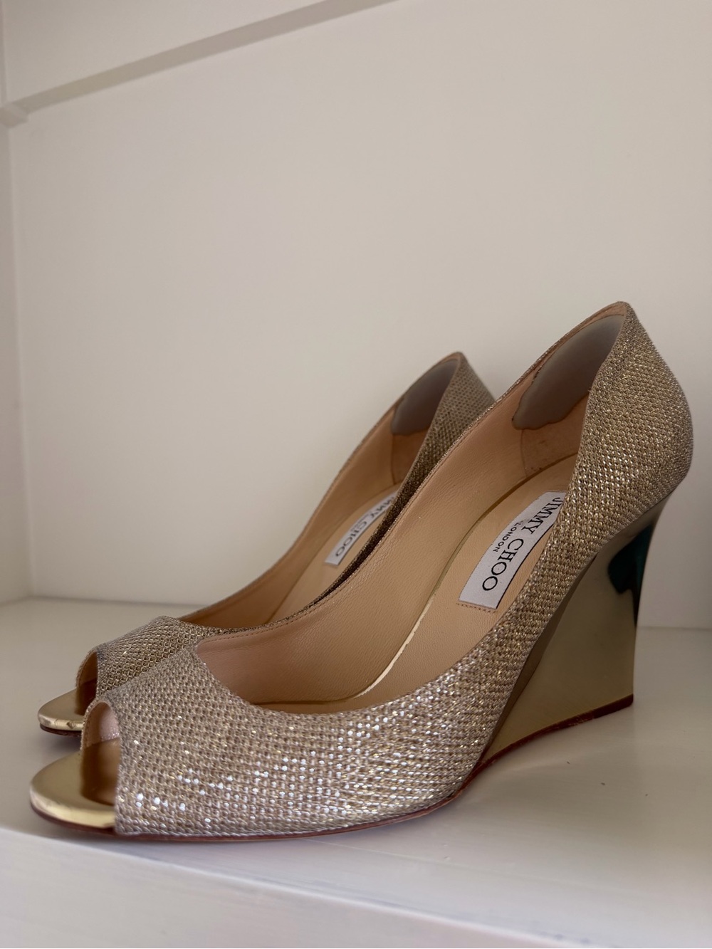 Jimmy Choo Gold Glitter Peep-Toe Wedge Heels